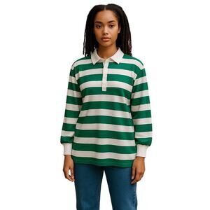 LOFT Green And White Stripes Collared Quarter Button Long Sleeve Top Size Medium